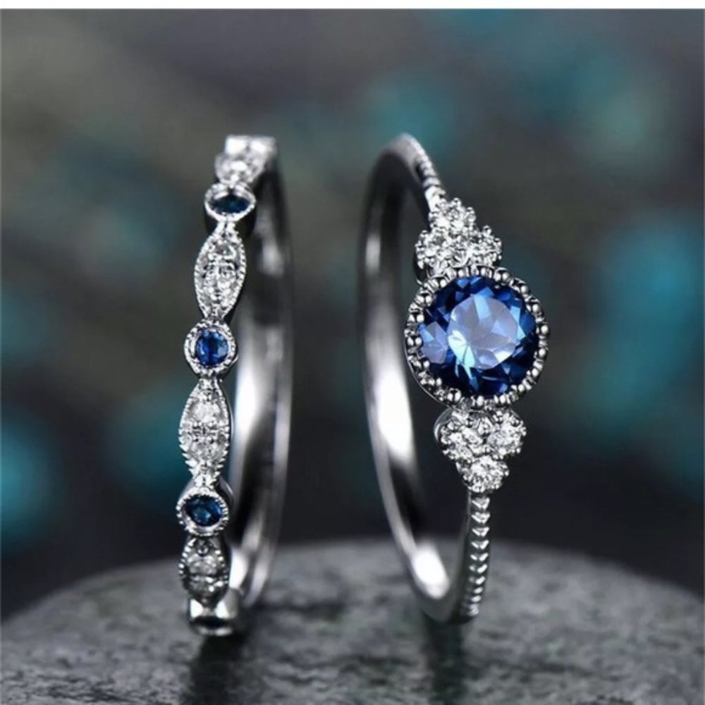 Silver  Round Cut Sapphire Women Wedding Ring - Picture 3 of 4